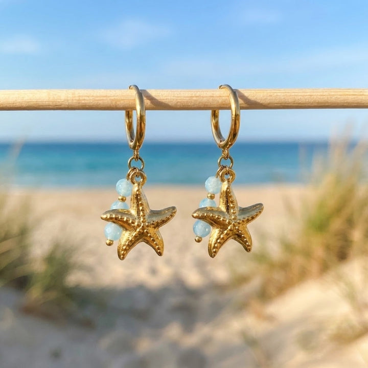 Blue Stone Gold Starfish Earrings