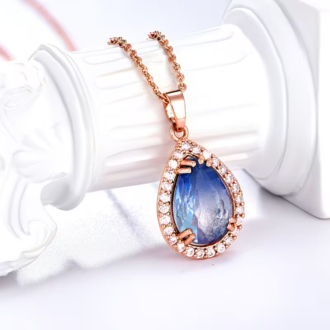Rose Gold Blue Teardrop Halo Necklace