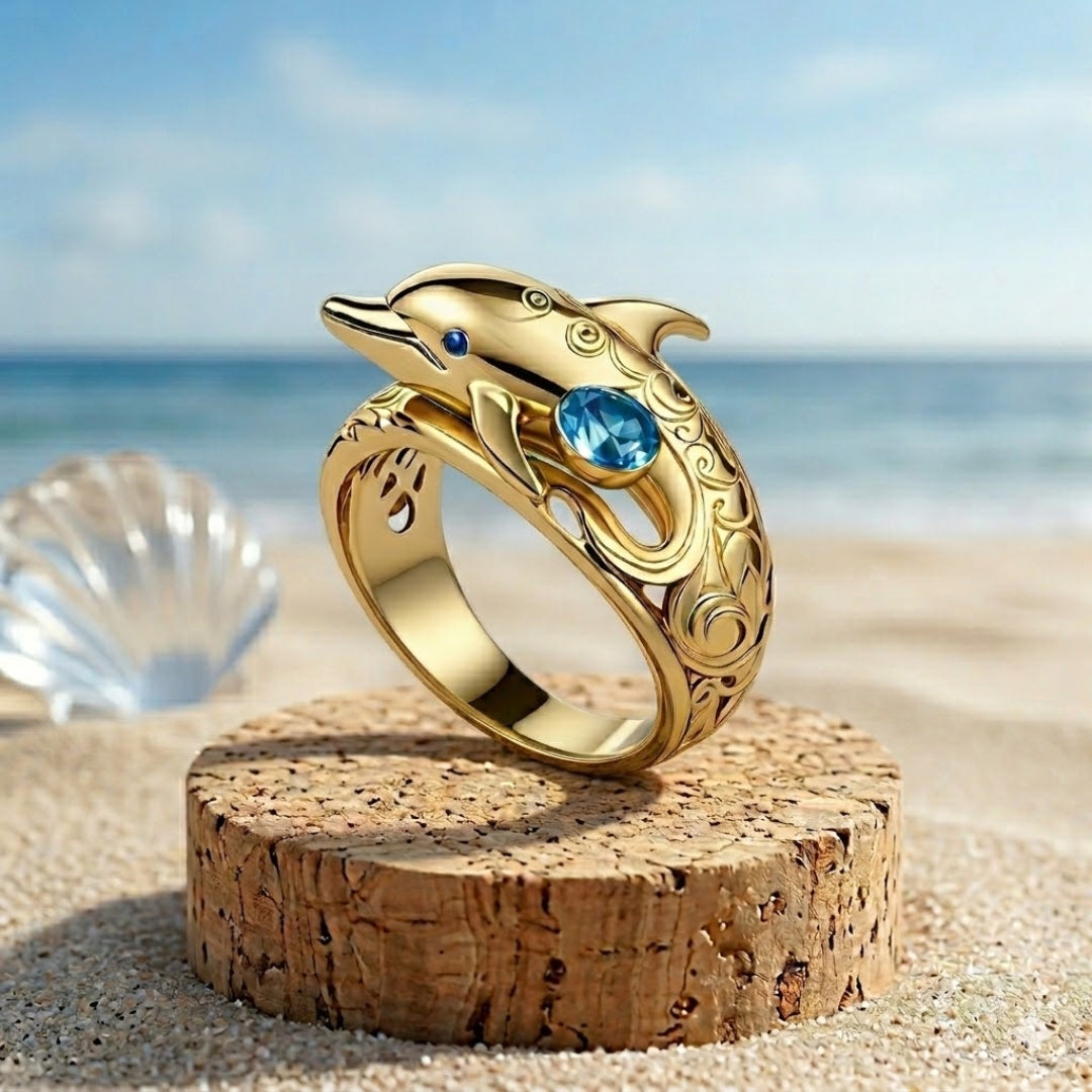 Blue Crystal Golden Dolphin Ring