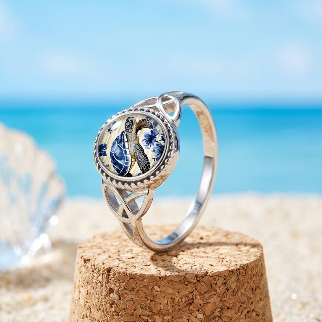Sea Turtle Silver Floral Ring