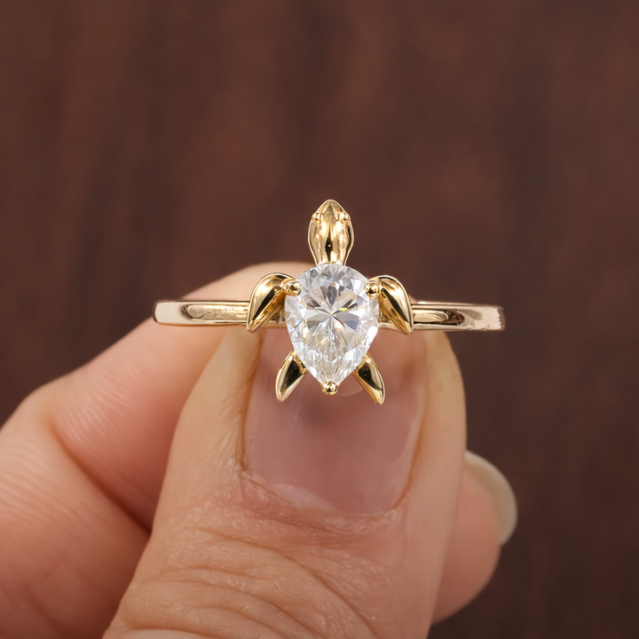 White Crystal Turtle Gold Ring