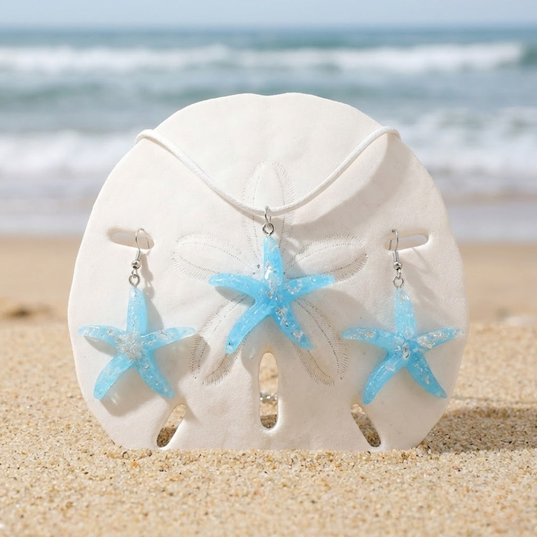 Blue Starfish Necklace + Earrings Set