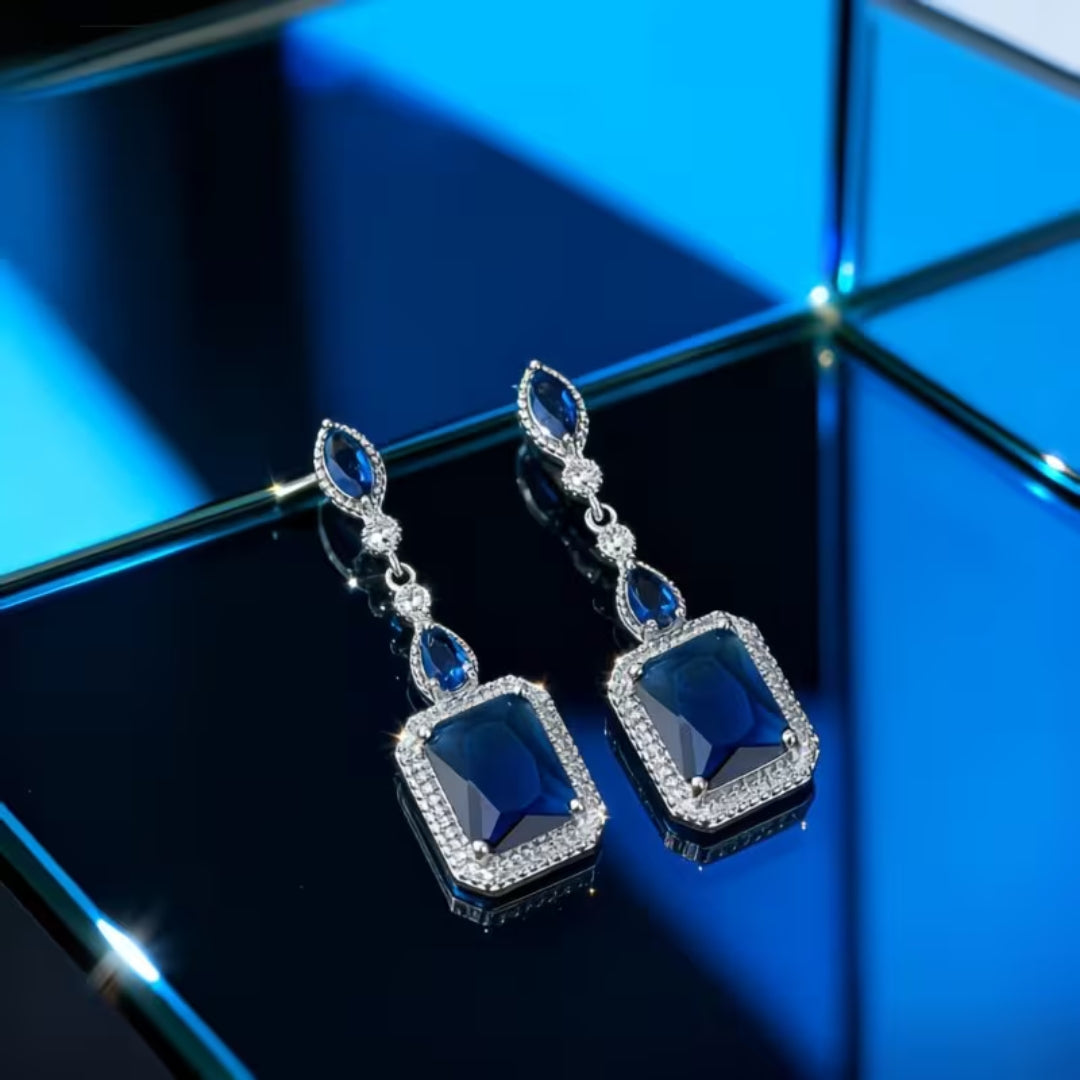 Emerald Cut Blue Crystal Drop Earrings