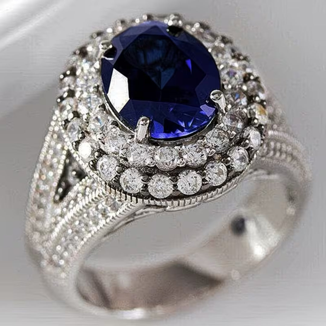 Vintage Double Halo Sapphire Blue Ring