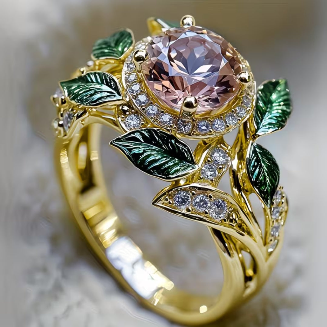 Rose Pink Crystal Leaf Ring