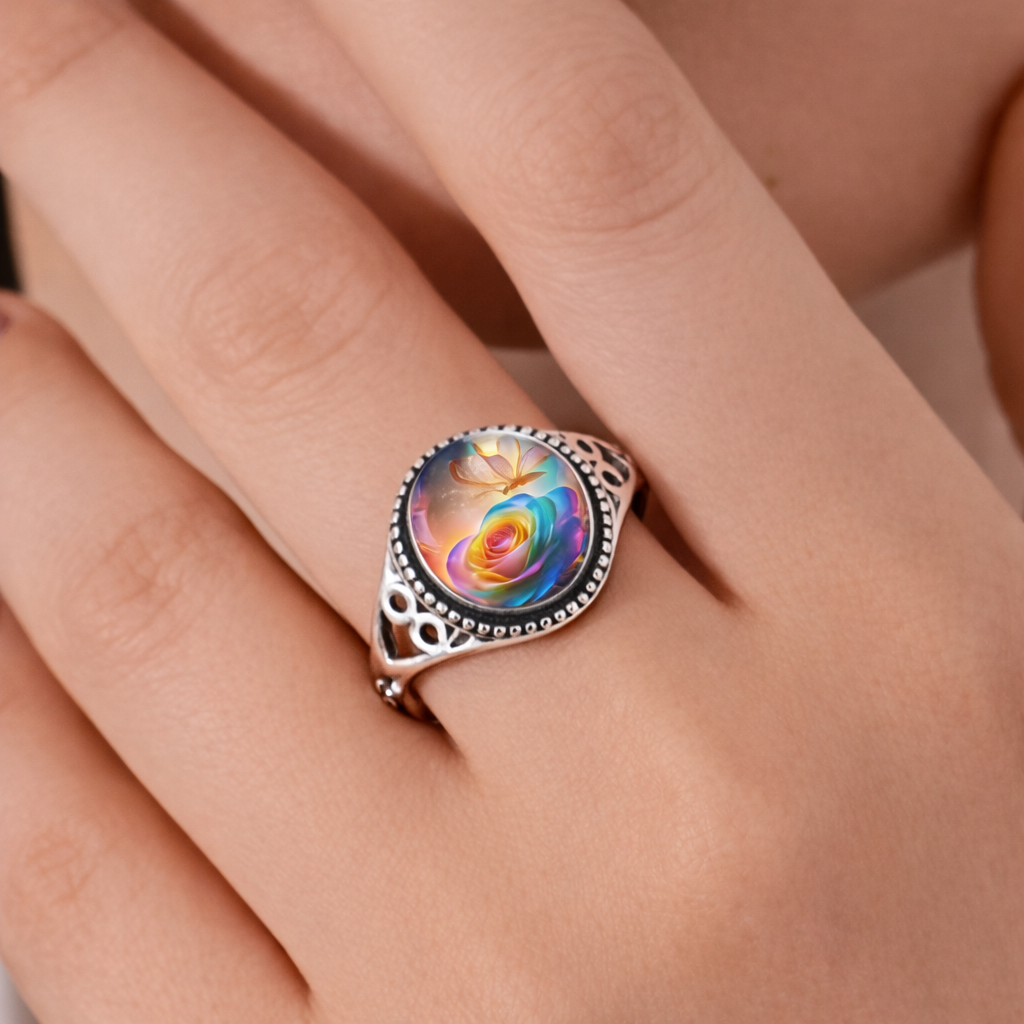 Rainbow Rose Silver Ring