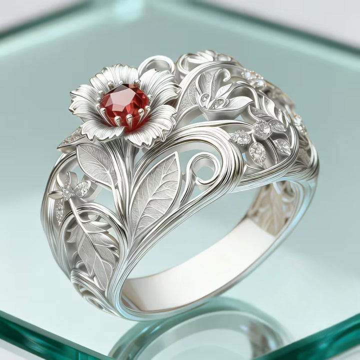 Crimson Red Floral Silver Ring