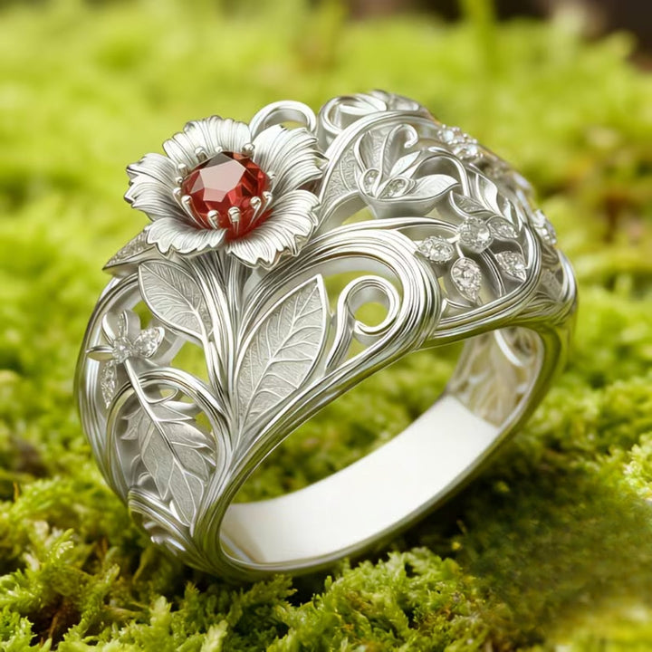 Crimson Red Floral Silver Ring