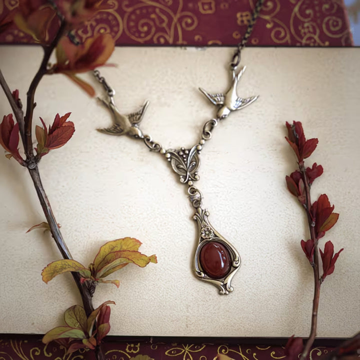 Antique Swallow Red Stone Pendant Necklace