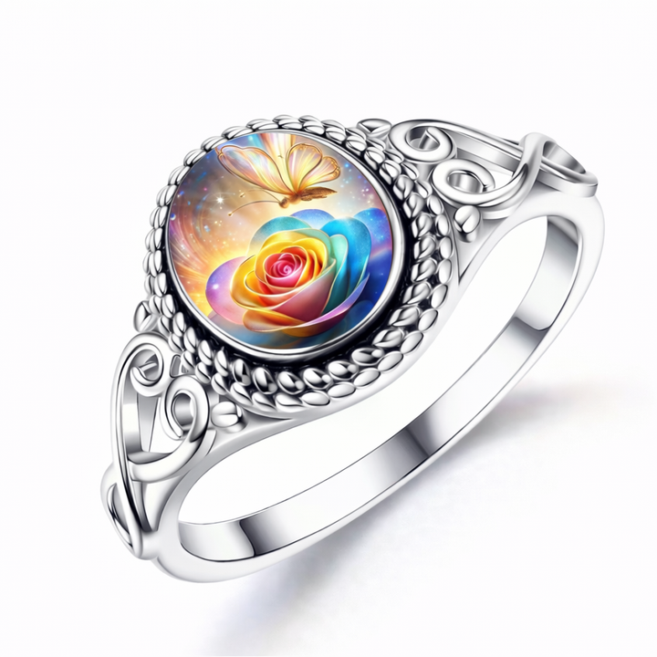 Rainbow Rose Silver Ring