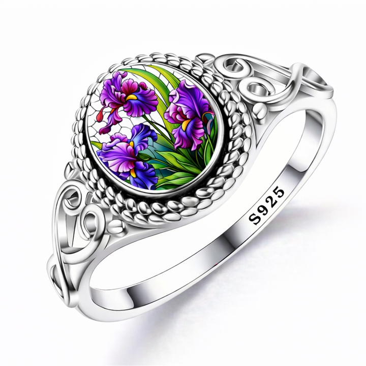 Purple Flower Seal Silver Ring