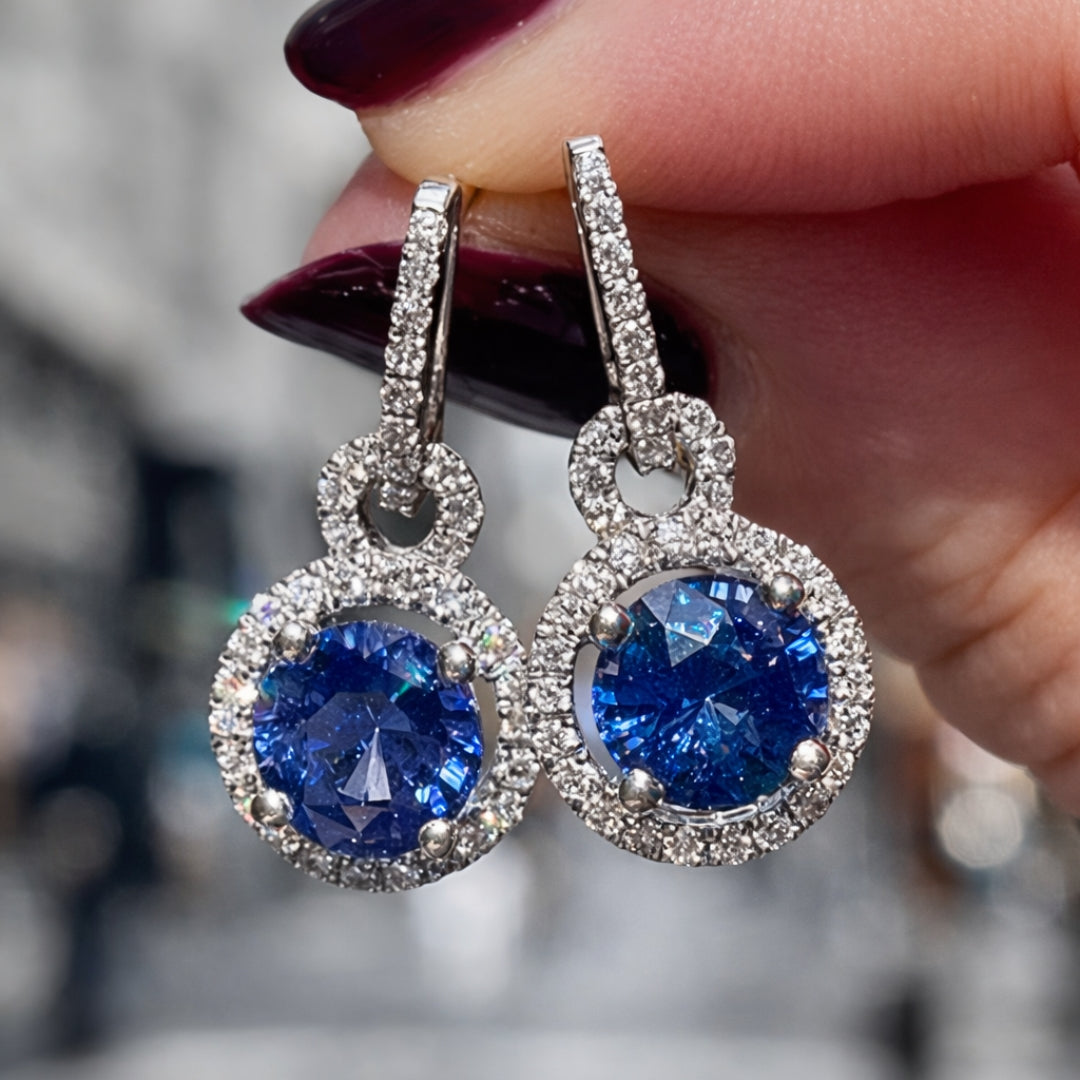 Round Sapphire Blue Halo Drop Earrings
