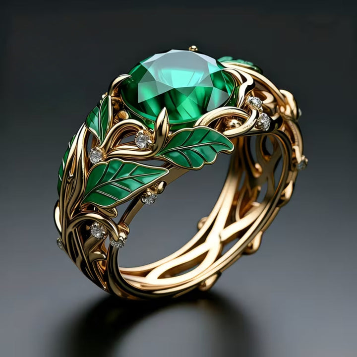 Emerald Green Enamel Leaf Ring