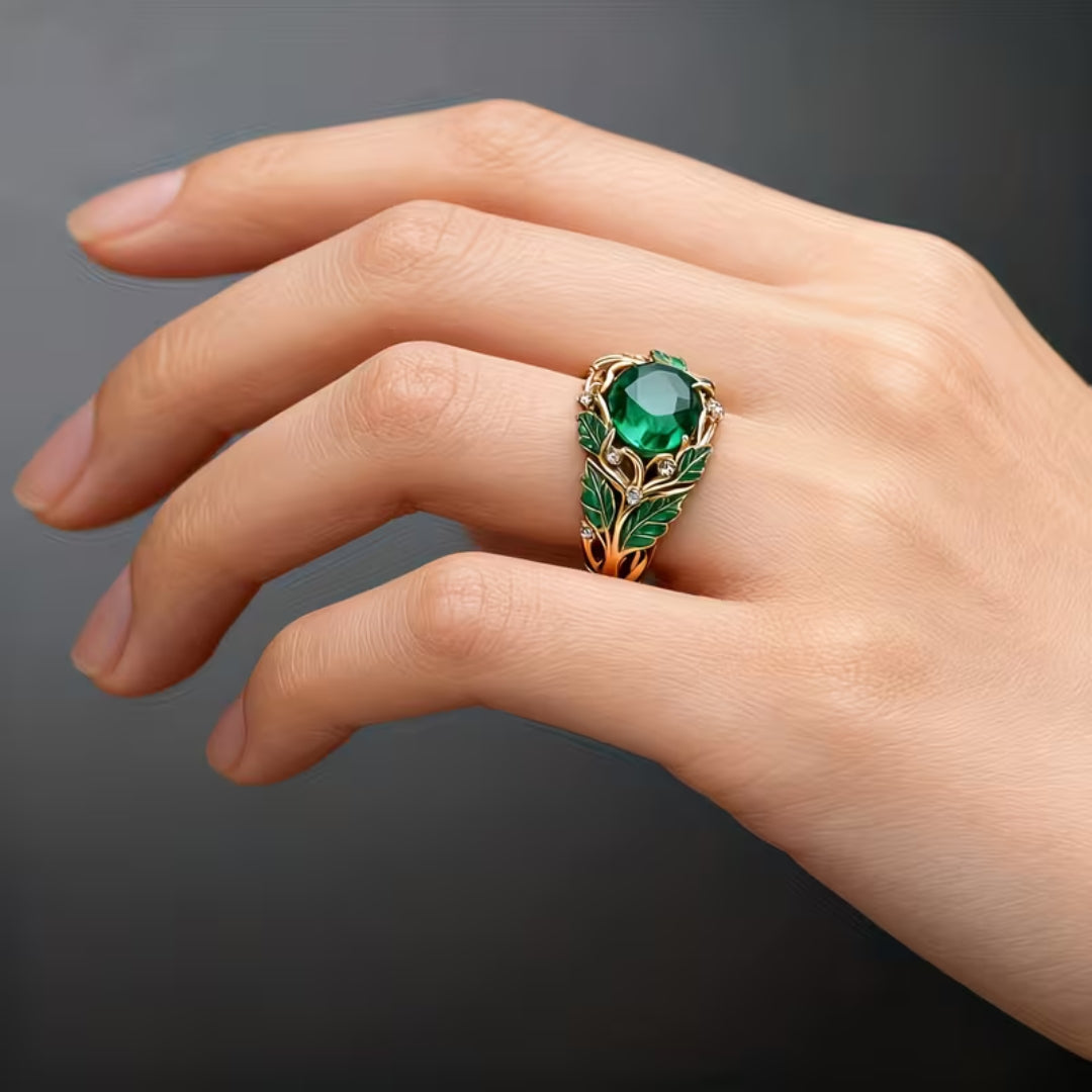Emerald Green Enamel Leaf Ring