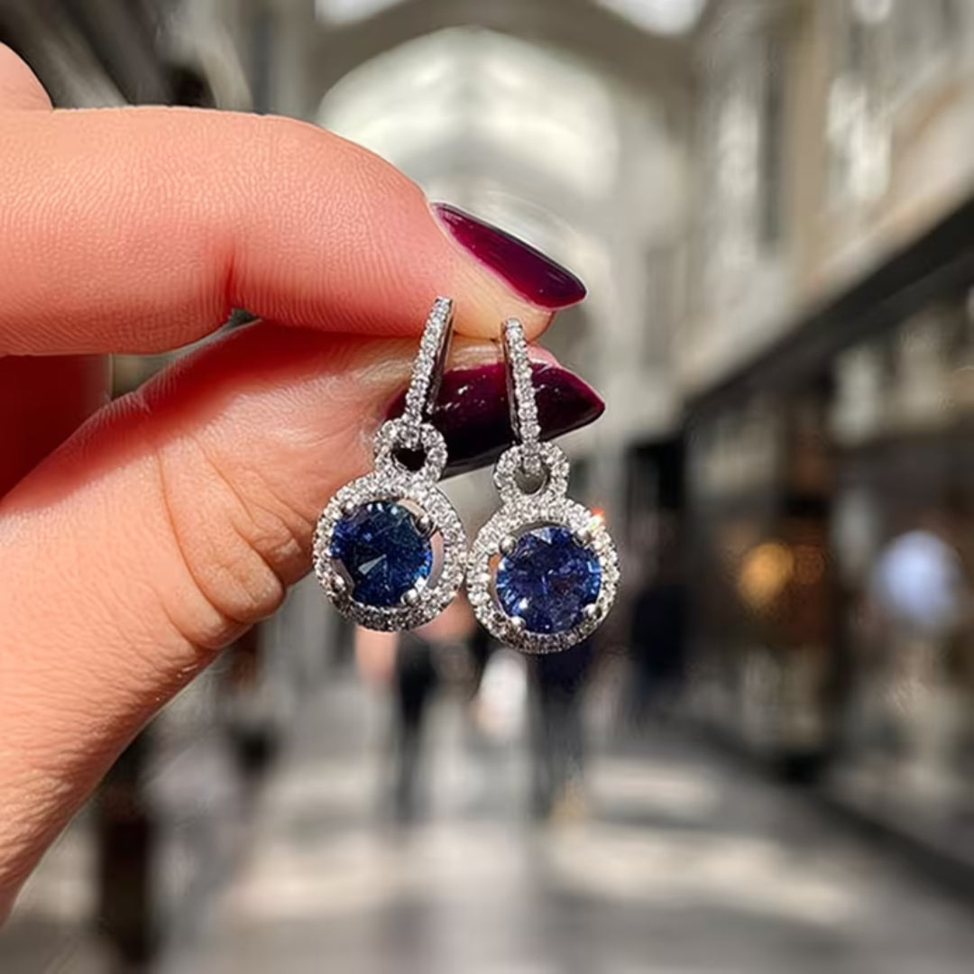 Round Sapphire Blue Halo Drop Earrings