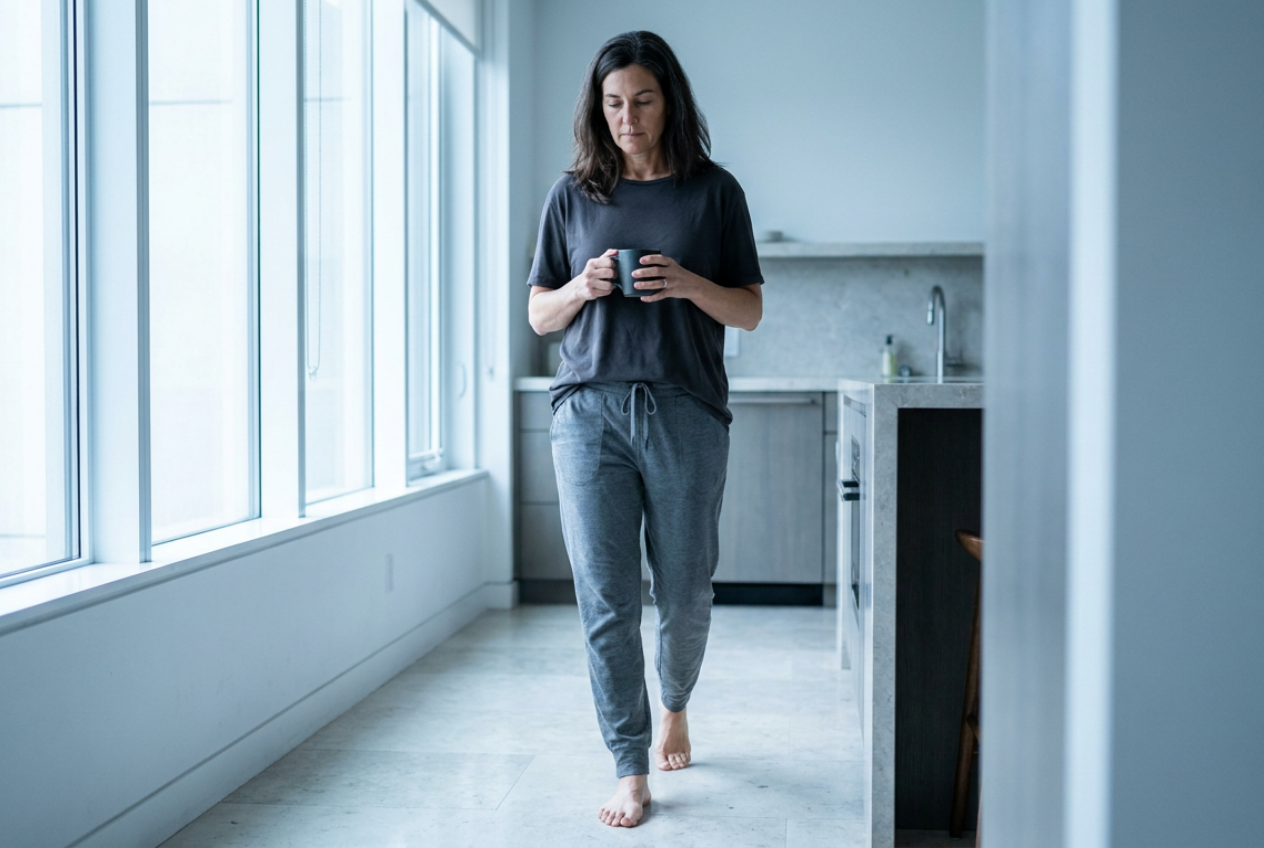 A woman walking barefoot in her kitchen