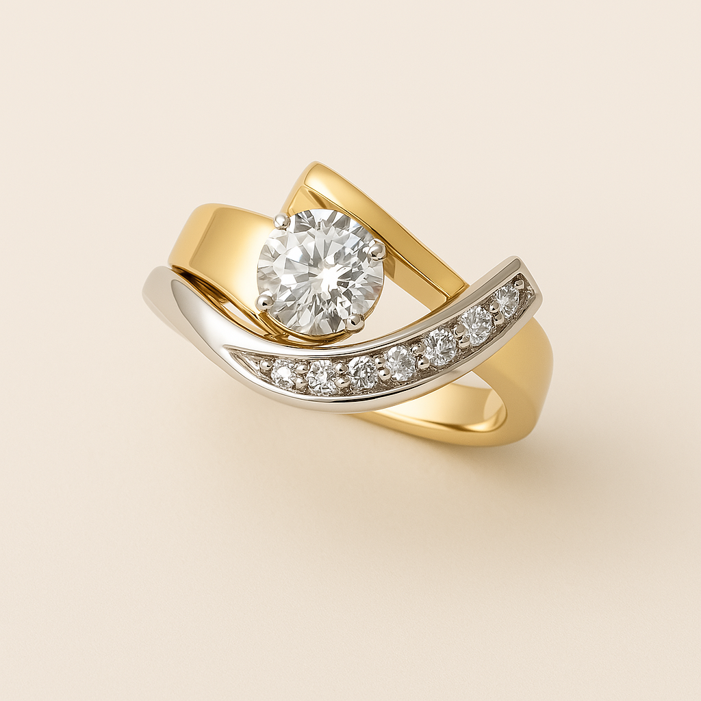 Vintage Irregular Gold &amp; Silver Zirconia Ring