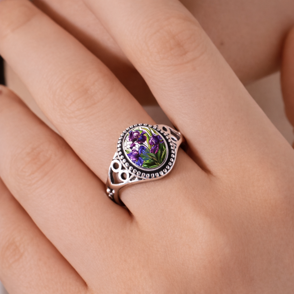 Purple Flower Seal Silver Ring