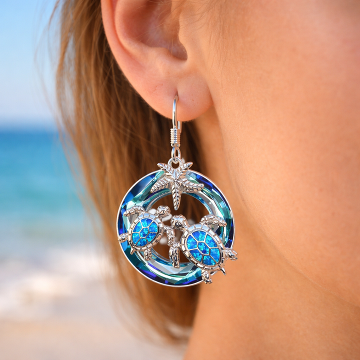 Blue Ocean Turtle Hoop Earrings