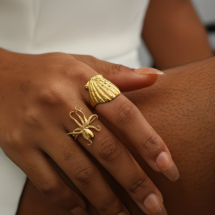 Adjustable Shell &amp; Octopus Golden Ring Set