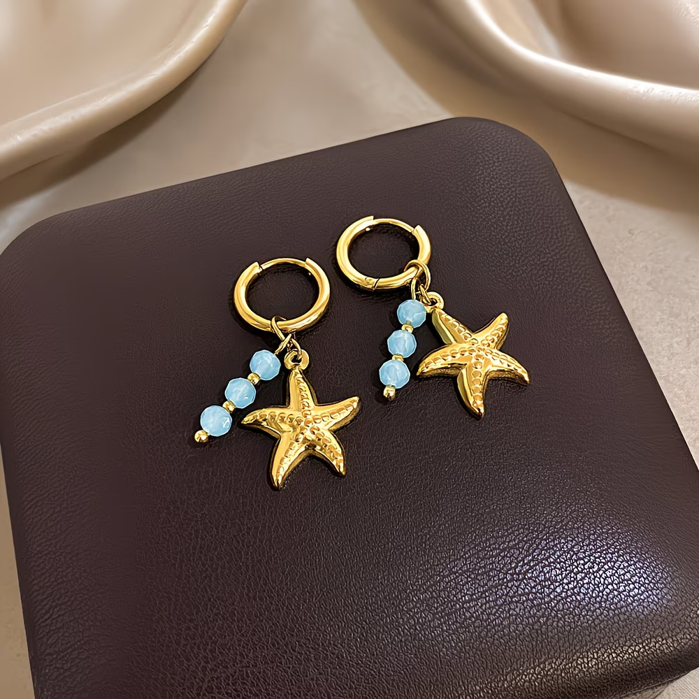 Blue Stone Gold Starfish Earrings