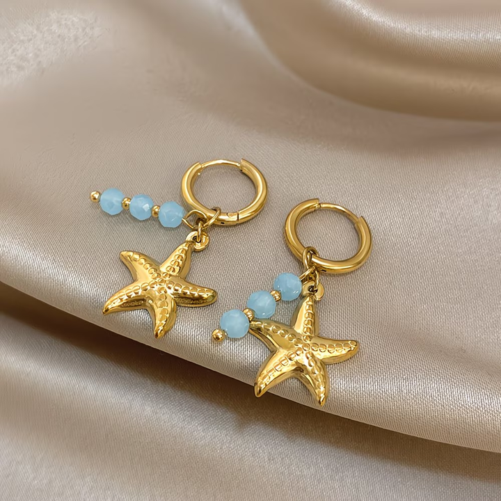 Blue Stone Gold Starfish Earrings