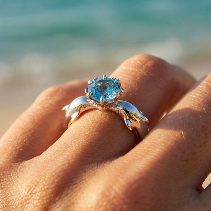 Blue Crystal Silver Dolphin Ring
