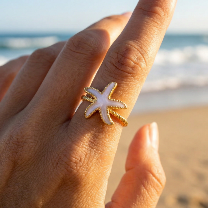 Adjustable White Starfish Gold Ring