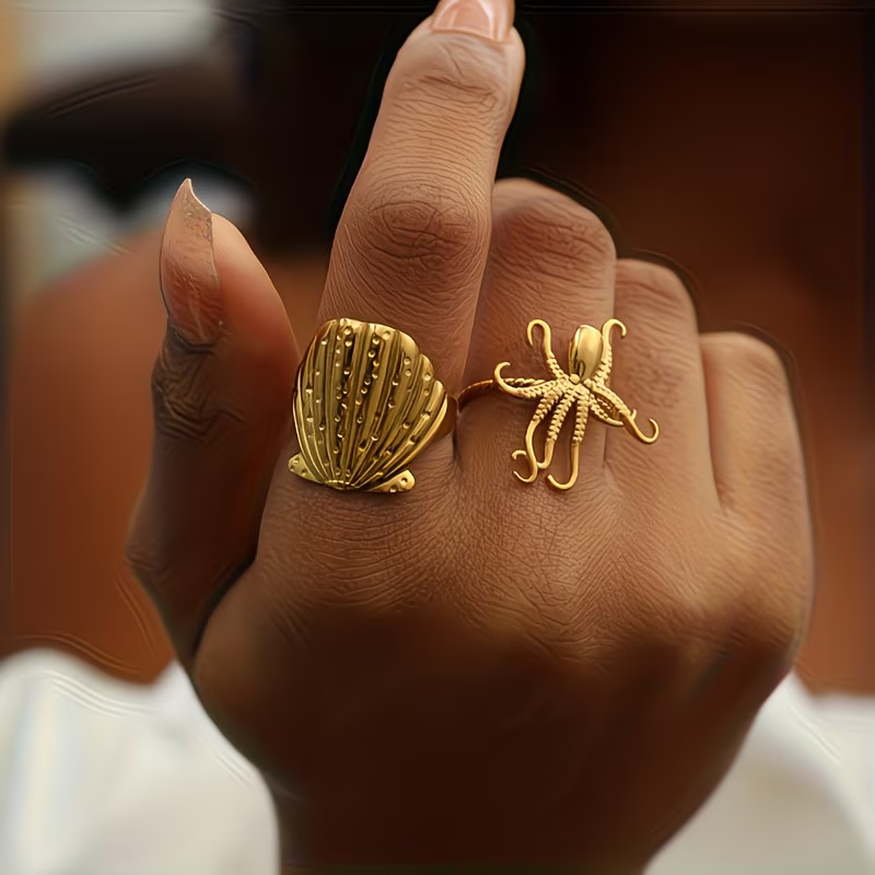 Adjustable Shell &amp; Octopus Golden Ring Set