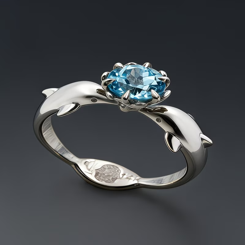 Blue Crystal Silver Dolphin Ring