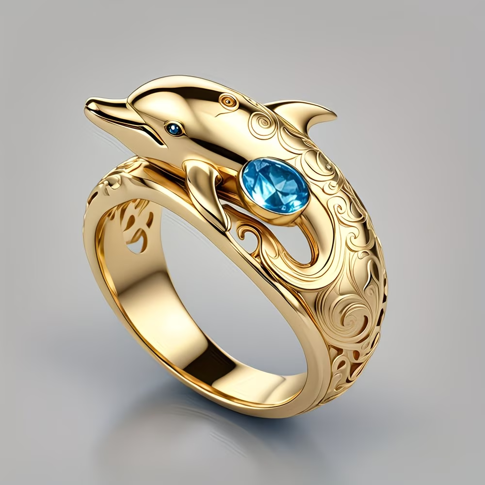 Blue Crystal Golden Dolphin Ring