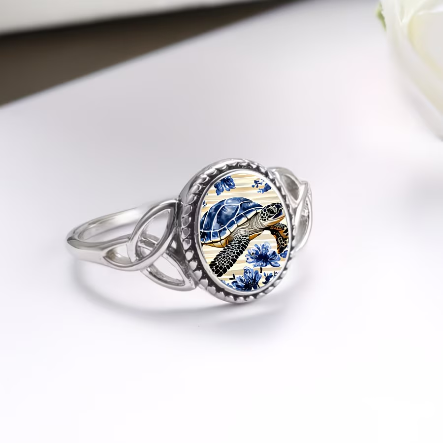 Sea Turtle Silver Floral Ring