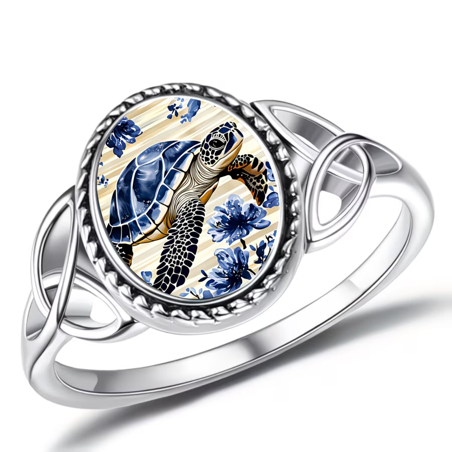 Sea Turtle Silver Floral Ring
