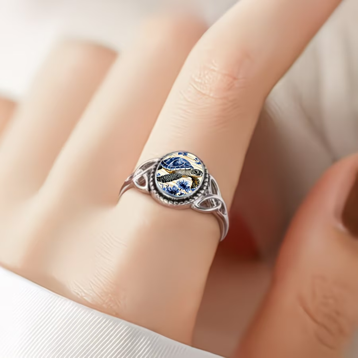 Sea Turtle Silver Floral Ring