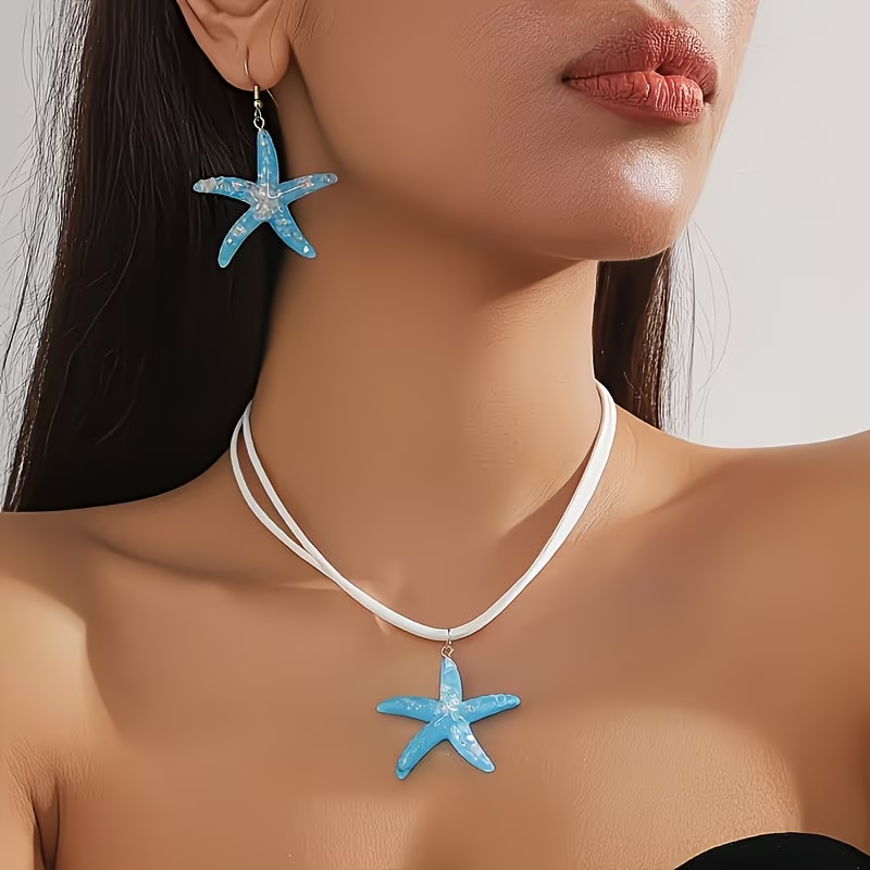 Blue Starfish Necklace + Earrings Set
