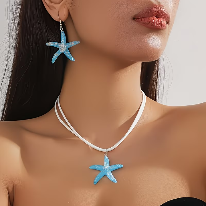 Blue Starfish Necklace + Earrings Set