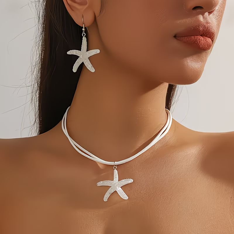 Blue Starfish Necklace + Earrings Set