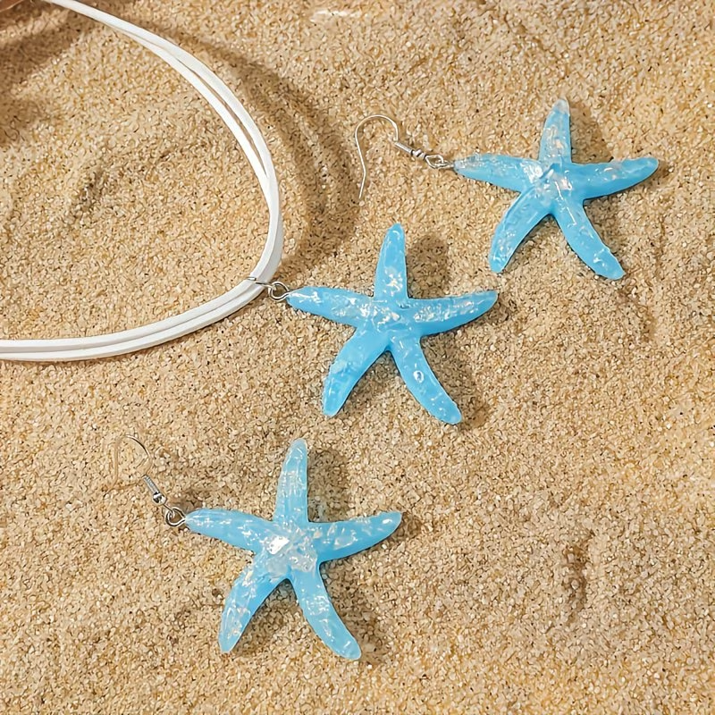 Blue Starfish Necklace + Earrings Set