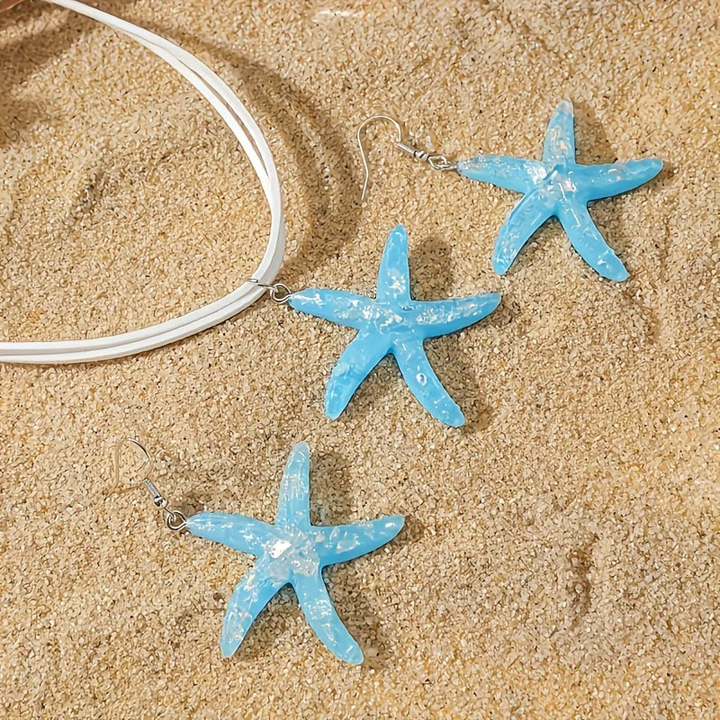 Blue Starfish Necklace + Earrings Set